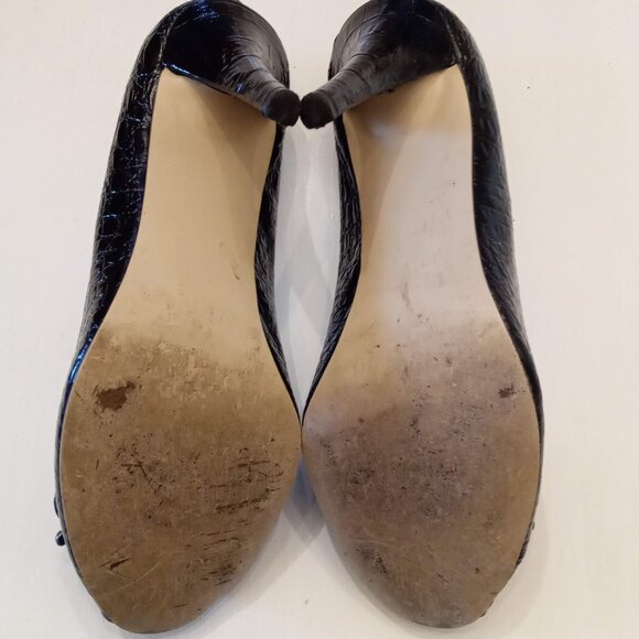 Joey O Black Stilettos Moc Croc Buckle Peep Toes size 8 silver insoles 4" Heels - Picture 6 of 8